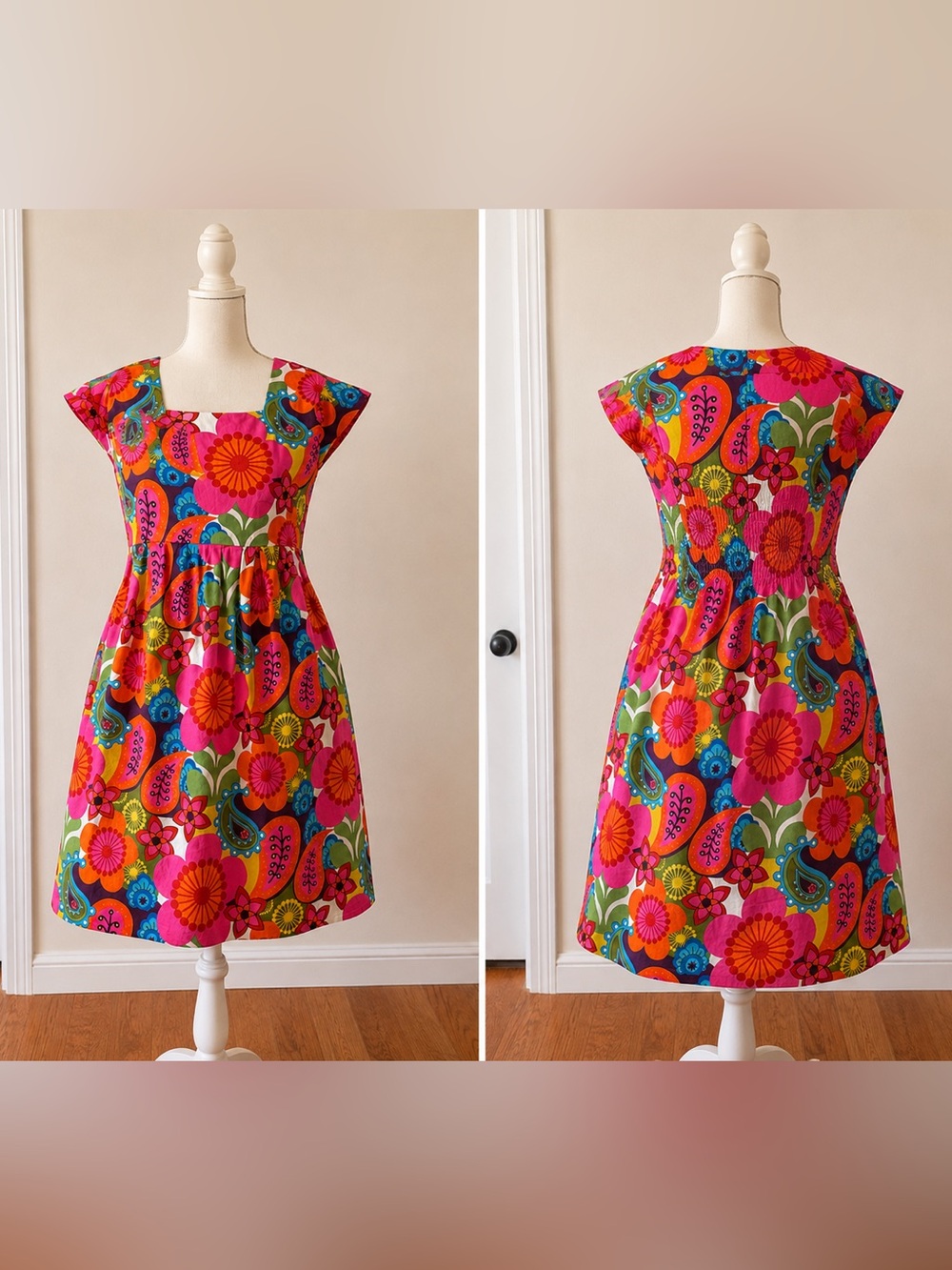 Handmade Retro Mod Floral Dress L XL Pink Paisley Groovy 60s 70s Style Dopamine